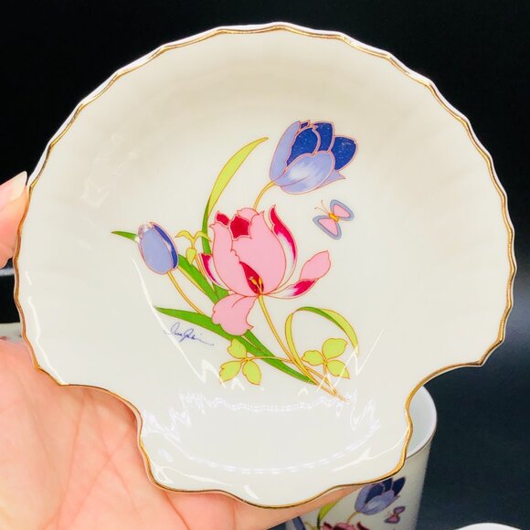 80s Floral Porcelain Vanity Accessory SET - toothbrush holder/soap dish/cup- NOS - Picture 6 of 11